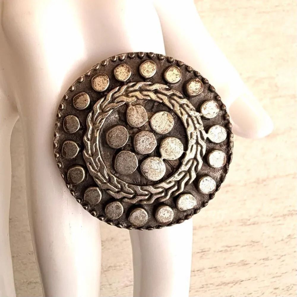 Vintage Brutalist Style Statement Ring Adjustable Silver Tone Tribal Design
